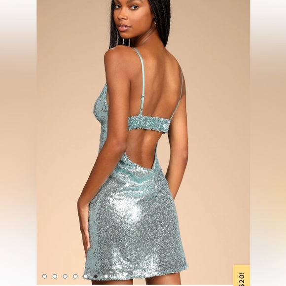 NWOT: Lulu’s Night of Perfection Mint Blue Sequin Cowl Back Mini Dress - Picture 1 of 6
